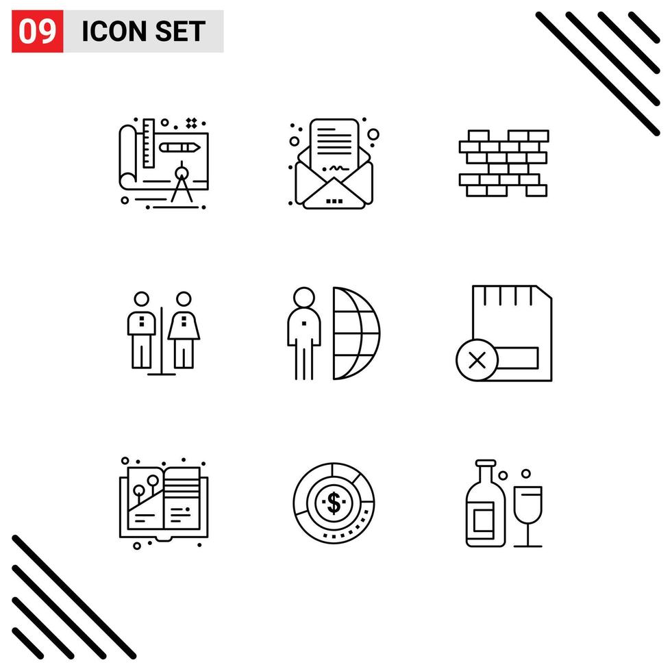 User Interface Pack of 9 Basic Outlines of person internet bricks freelance hotel Editable Vector Design Elements