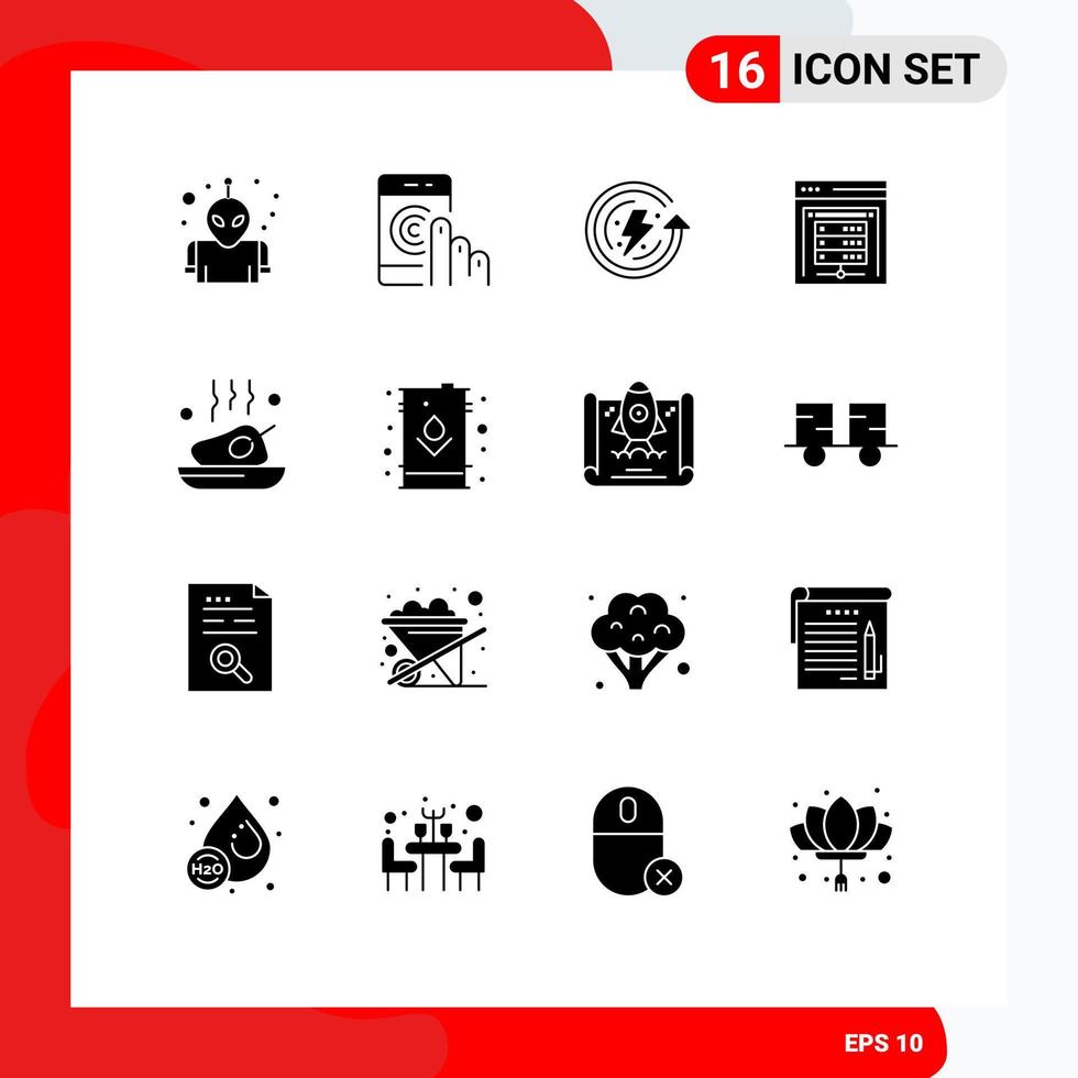 16 Thematic Vector Solid Glyphs and Editable Symbols of dinner data storage earth day data server computer server Editable Vector Design Elements