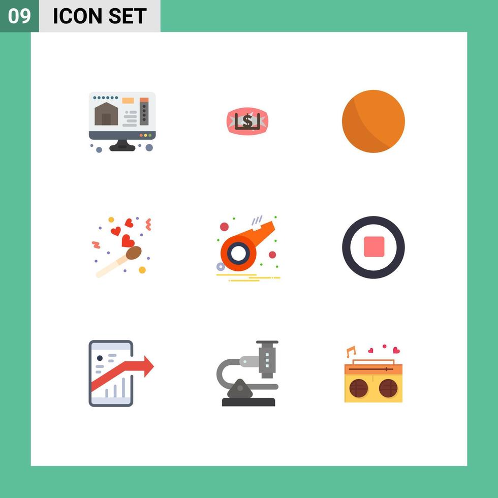 símbolos de iconos universales grupo de 9 colores planos modernos de alarma de bola de notificación de silbato coinciden con elementos de diseño vectorial editables vector