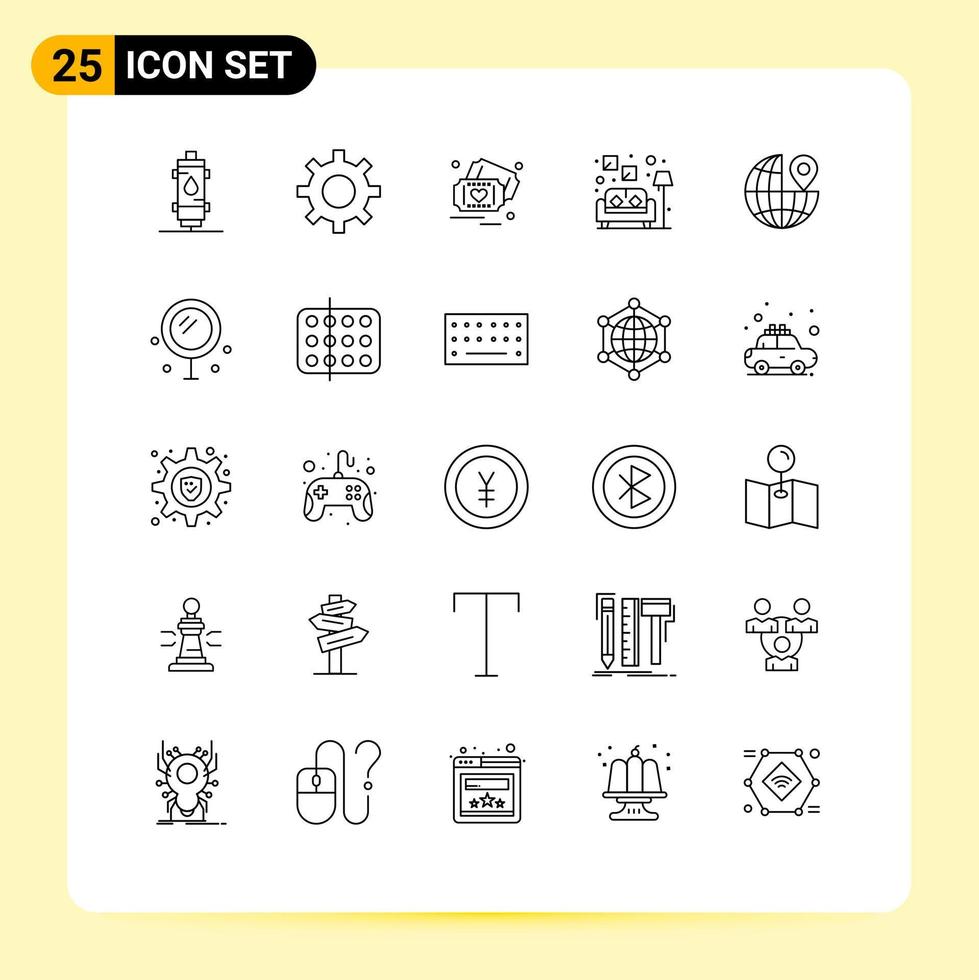 Set of 25 Modern UI Icons Symbols Signs for location sofa gear lamp wedding Editable Vector Design Elements