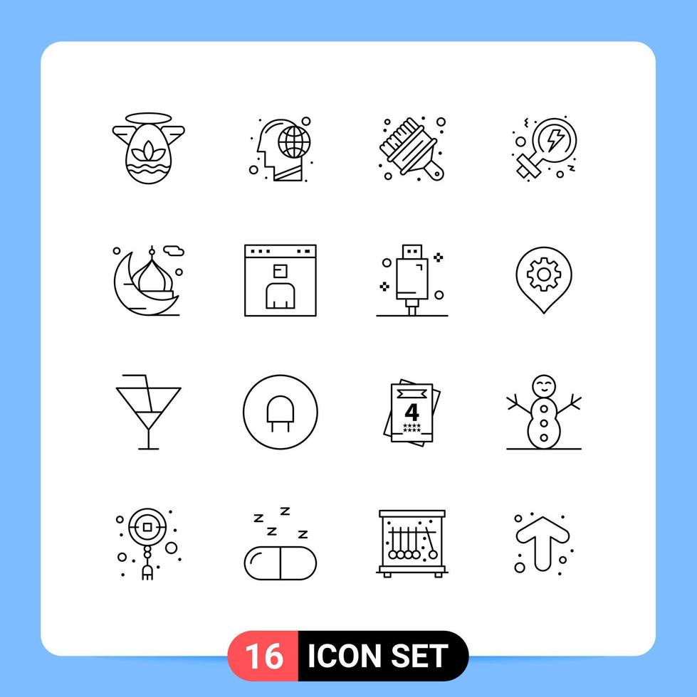 grupo universal de símbolos de iconos de 16 contornos modernos de elementos de diseño de vectores editables de cepillo de poder mental de mujeres crecientes