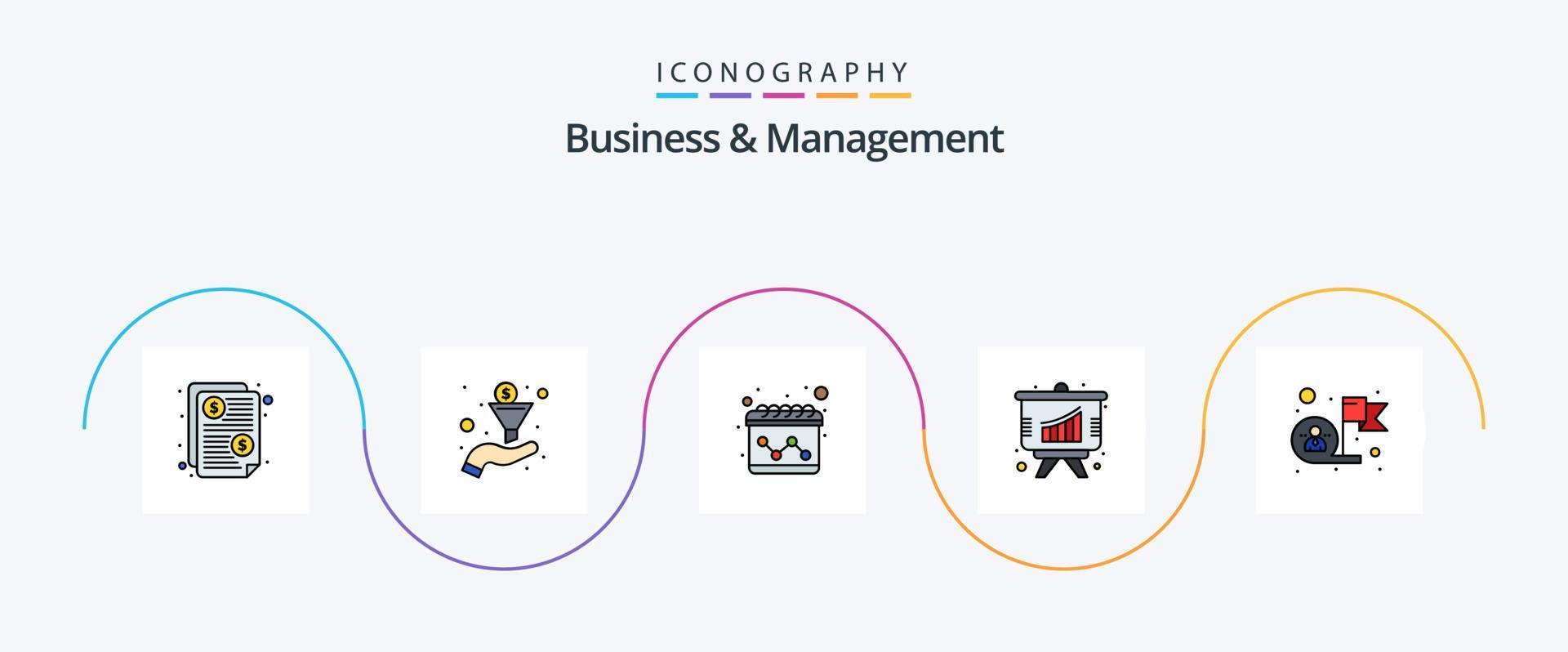 Business And Management Line Filled Flat 5 Icon Pack Including target. goal. calendar. employee. presentation vector