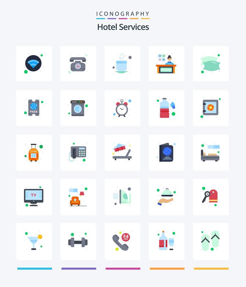 Creative Hotel Services 25 Flat icon pack  Such As pillows. dream. cup. reception. lady manager vector