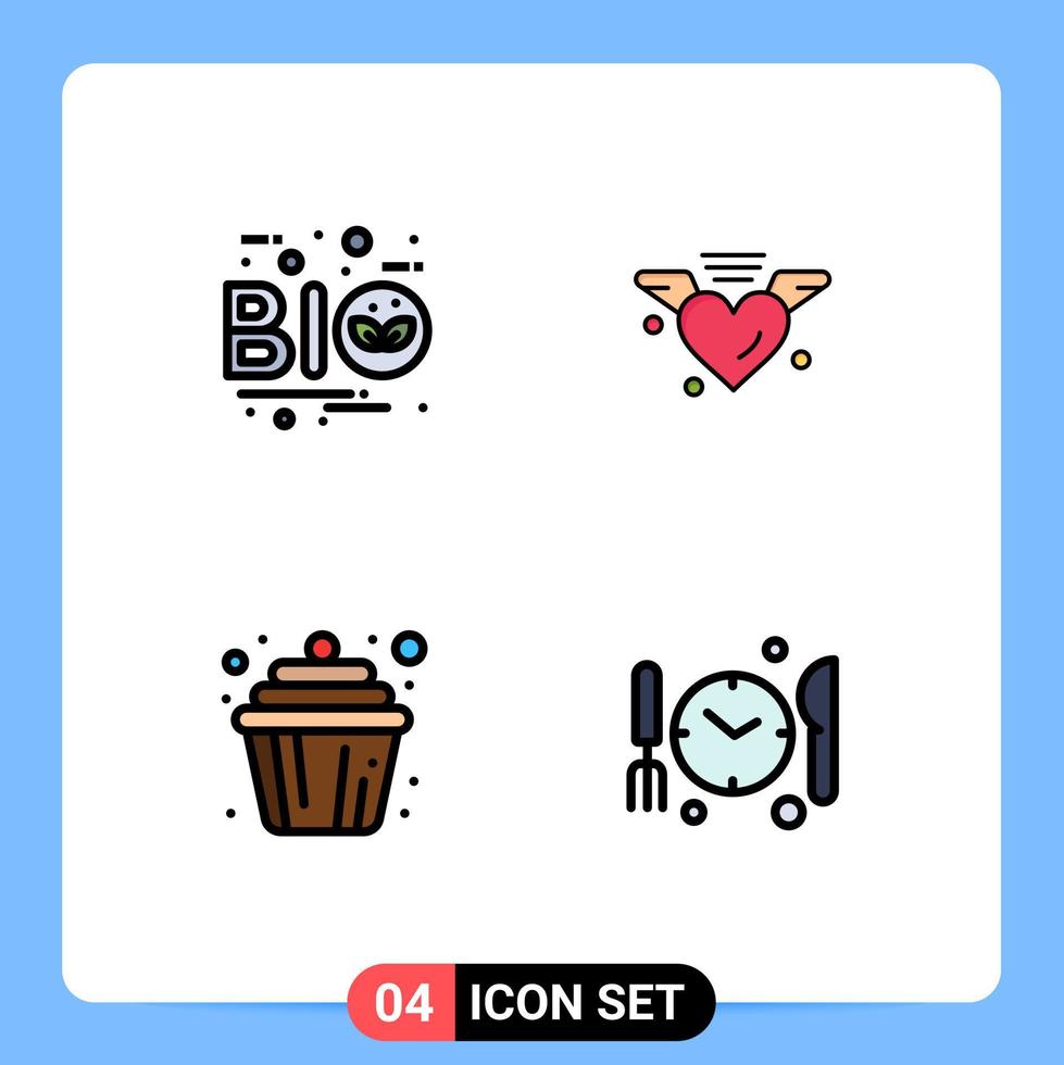 paquete de 4 signos y símbolos de colores planos de línea de relleno modernos para medios de impresión web como elementos de diseño de vectores editables de bio cupcake nature love cup