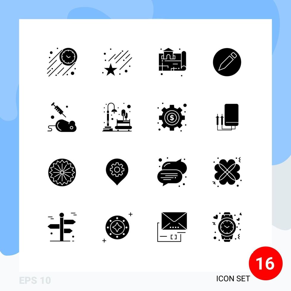 Set of 16 Vector Solid Glyphs on Grid for science laboratory location experiment pencil Editable Vector Design Elements