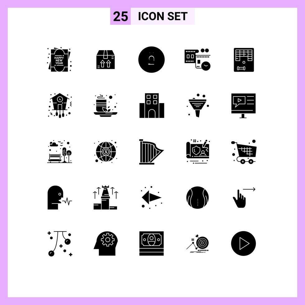 Pack of 25 Modern Solid Glyphs Signs and Symbols for Web Print Media such as play fun afghanistan arkanoid movie reel Editable Vector Design Elements