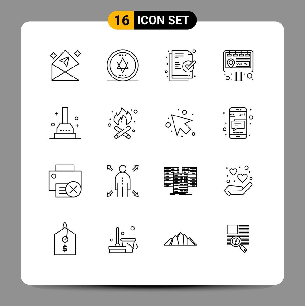 Modern Set of 16 Outlines Pictograph of fire bathroom file plunger marketing Editable Vector Design Elements
