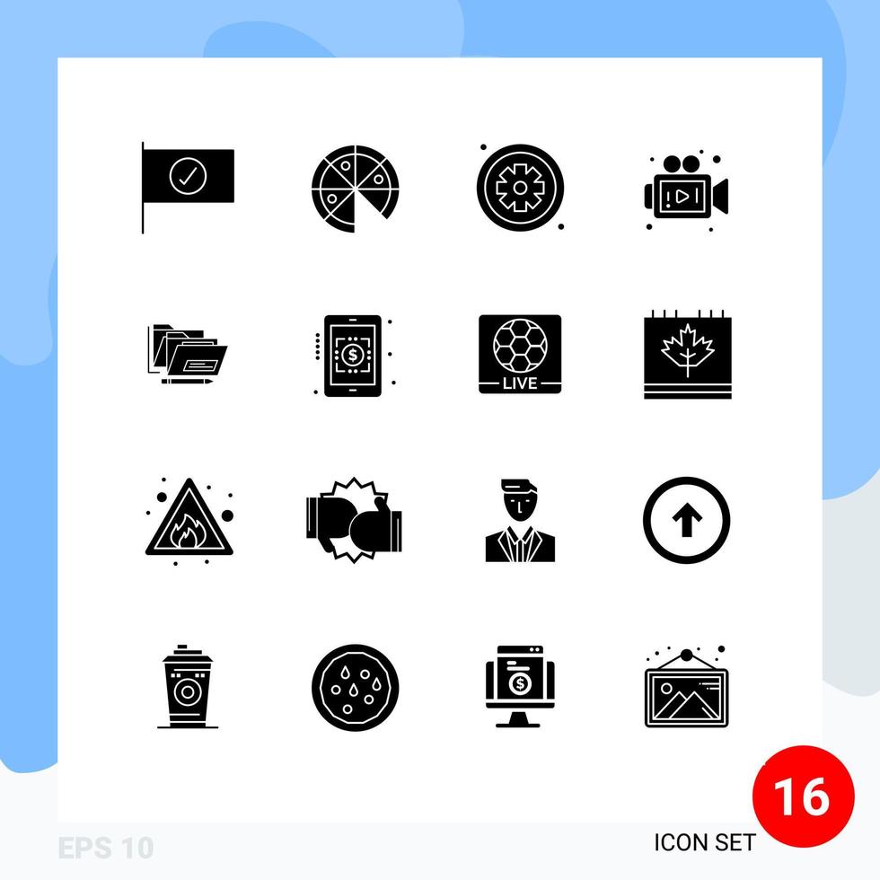 Group of 16 Solid Glyphs Signs and Symbols for safe folder healthcare file media Editable Vector Design Elements