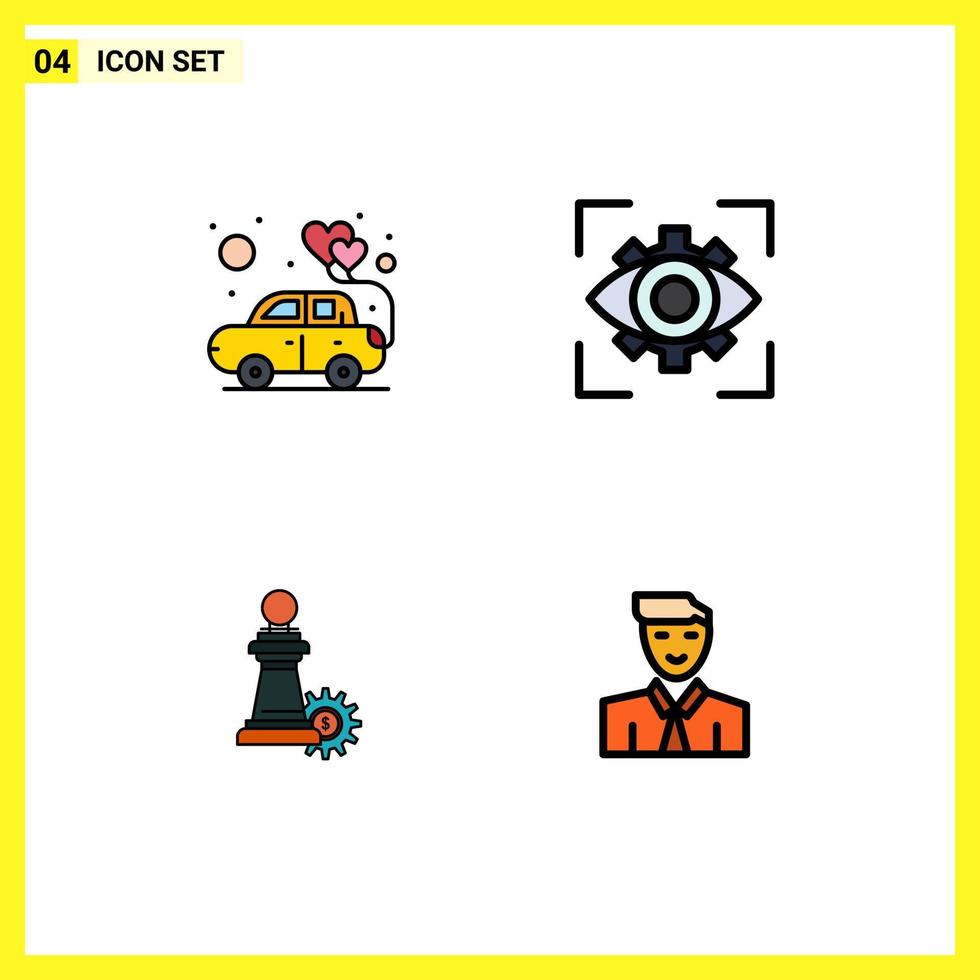 Pack of 4 Modern Filledline Flat Colors Signs and Symbols for Web Print Media such as car chess romance imagination strategy Editable Vector Design Elements