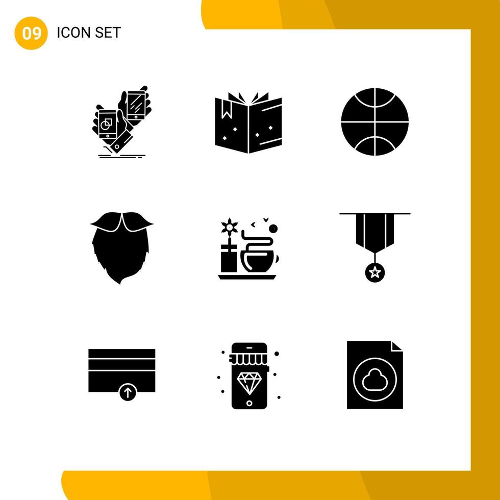 Set of 9 Commercial Solid Glyphs pack for hot tea cup basketball men movember Editable Vector Design Elements