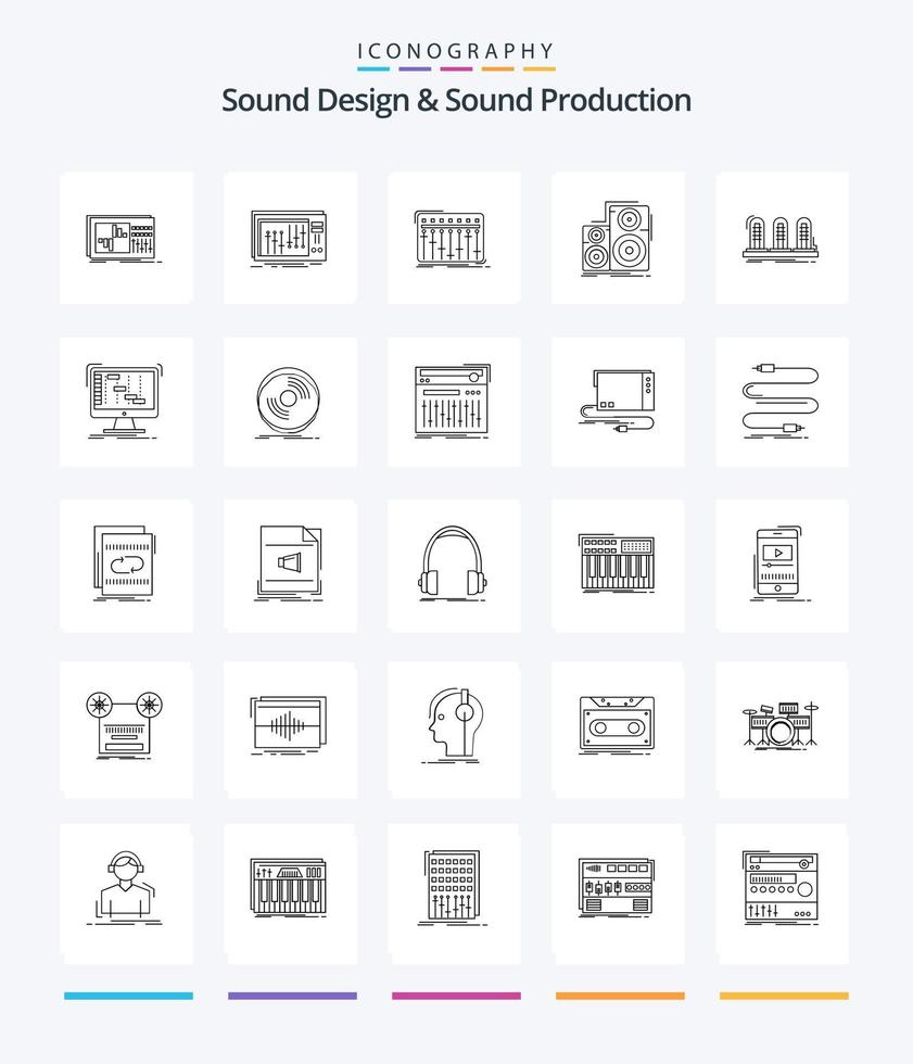 Creative Sound Design And Sound Production 25 OutLine icon pack  Such As lamp. amplifier. music. studio. monitor vector