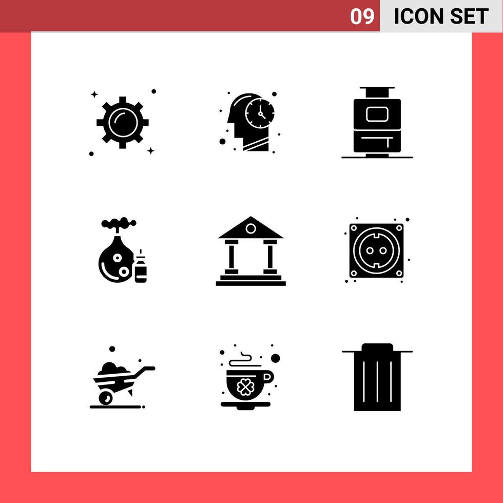 Pack of 9 Modern Solid Glyphs Signs and Symbols for Web Print Media such as finance building travel bank bottle Editable Vector Design Elements