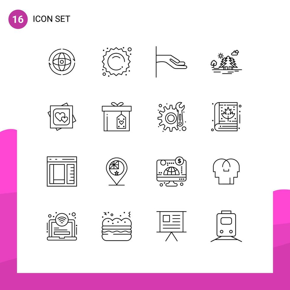 Group of 16 Modern Outlines Set for card nature shopping landscape mountain Editable Vector Design Elements