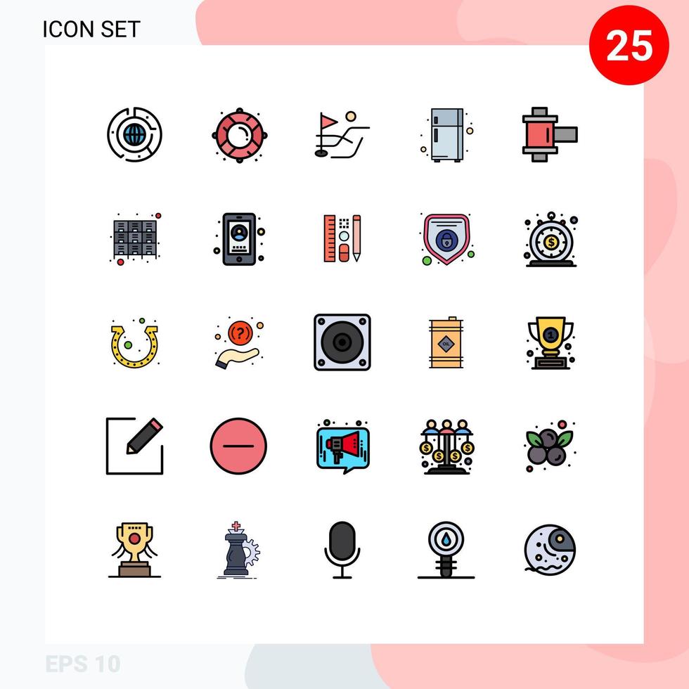 conjunto de 25 iconos modernos de la interfaz de usuario signos de símbolos para elementos de diseño vectorial editables del dispositivo electrónico del refrigerador de rescate de película de carrete vector