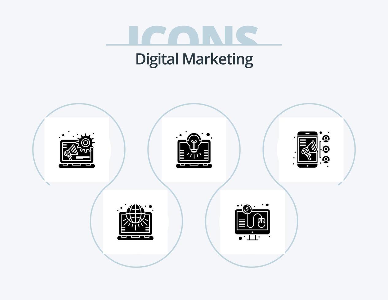 Digital Marketing Glyph Icon Pack 5 Icon Design. team. solution. online payment. laptop. bulb vector