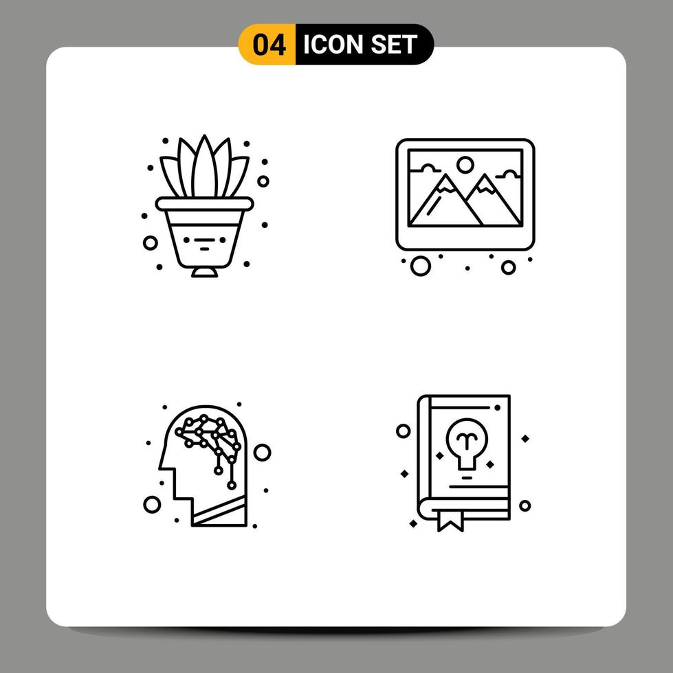 Mobile Interface Line Set of 4 Pictograms of flower brain decorate picture book Editable Vector Design Elements