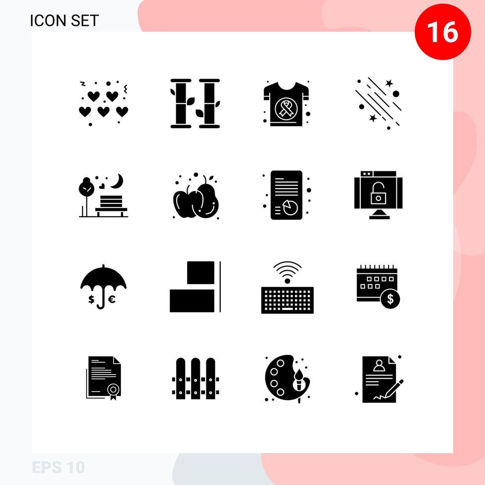 Pack of 16 creative Solid Glyphs of moon stars day space shooting star Editable Vector Design Elements