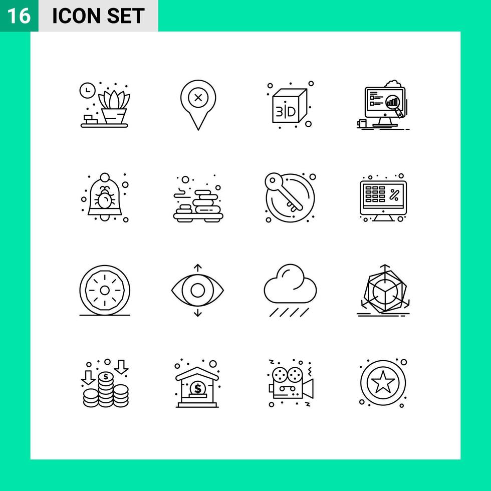 16 Universal Outlines Set for Web and Mobile Applications notification alarm cube bug laptop Editable Vector Design Elements