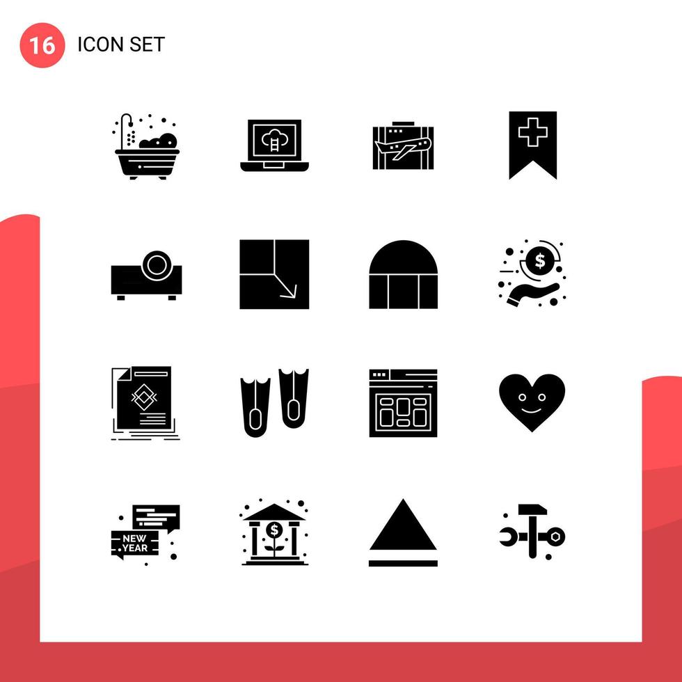 16 User Interface Solid Glyph Pack of modern Signs and Symbols of presentation media business plus suitcase Editable Vector Design Elements