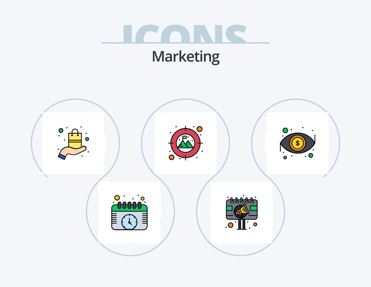 paquete de iconos llenos de línea de marketing 5 diseño de iconos. producto. regalo. SEO video. marketing vector