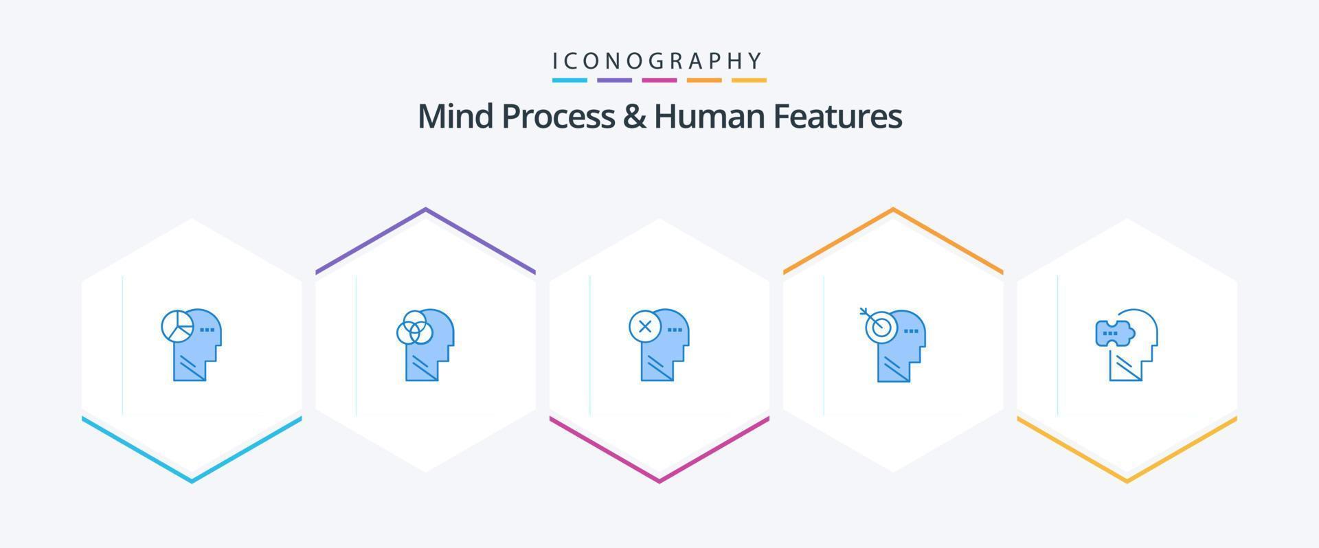 proceso mental y características humanas Paquete de 25 íconos azules que incluye precisión. flecha. cerebro. pensando. Marcos vector