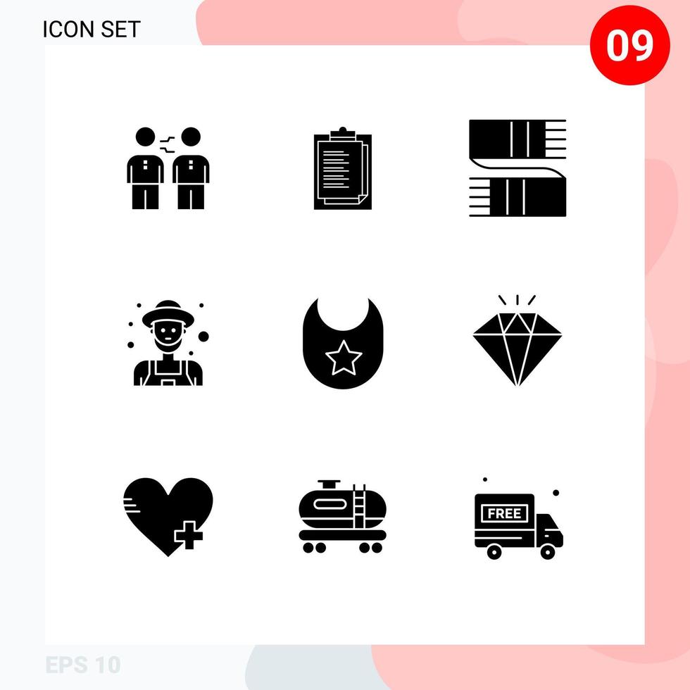 Mobile Interface Solid Glyph Set of 9 Pictograms of man farmer report card scarf clothing Editable Vector Design Elements