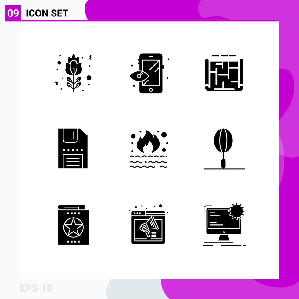 Pictogram Set of 9 Simple Solid Glyphs of fire save blueprint interface download Editable Vector Design Elements