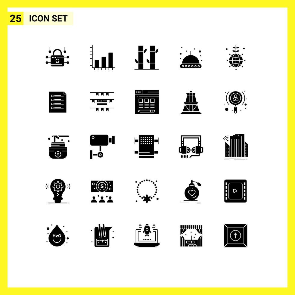 Editable Vector Line Pack of 25 Simple Solid Glyphs of world earth bamboo ufo astronomy Editable Vector Design Elements