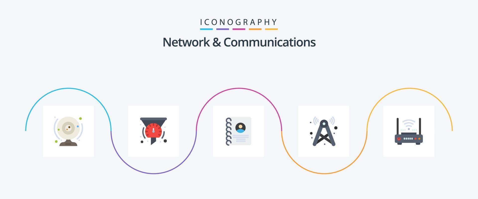 Network And Communications Flat 5 Icon Pack Including network. signal. speedometer. tower. user vector