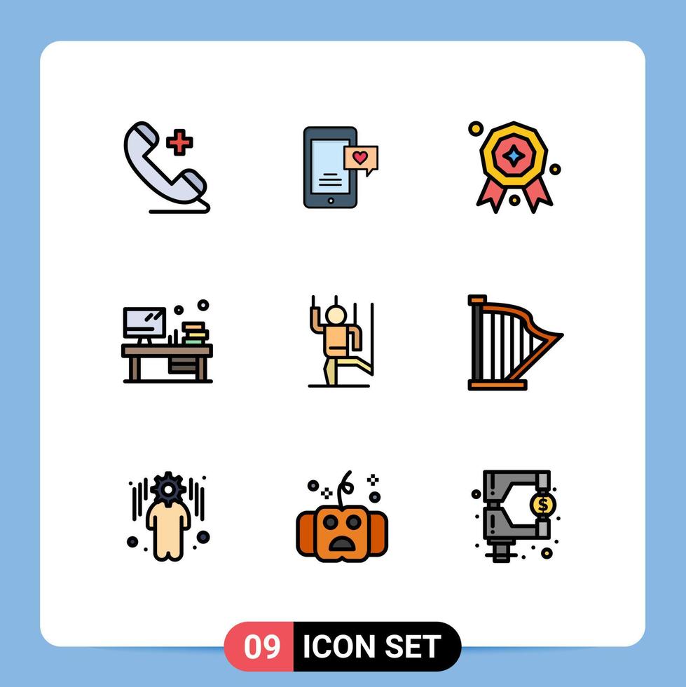 9 colores planos de línea de relleno de vector temático y símbolos editables de elementos de diseño de vector editable de oficina de monitor de premio de comando humano