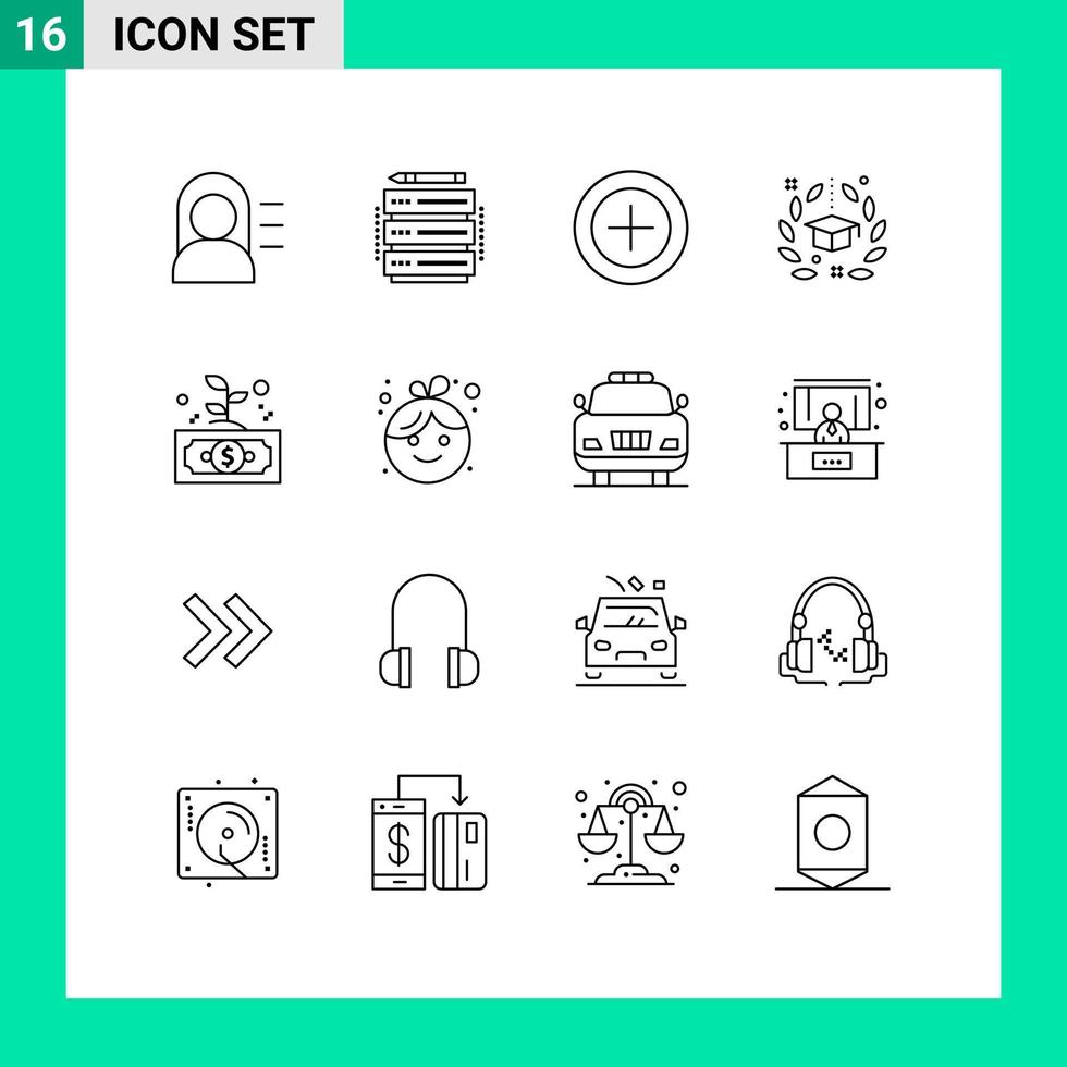 Editable Vector Line Pack of 16 Simple Outlines of invest business money university hat Editable Vector Design Elements