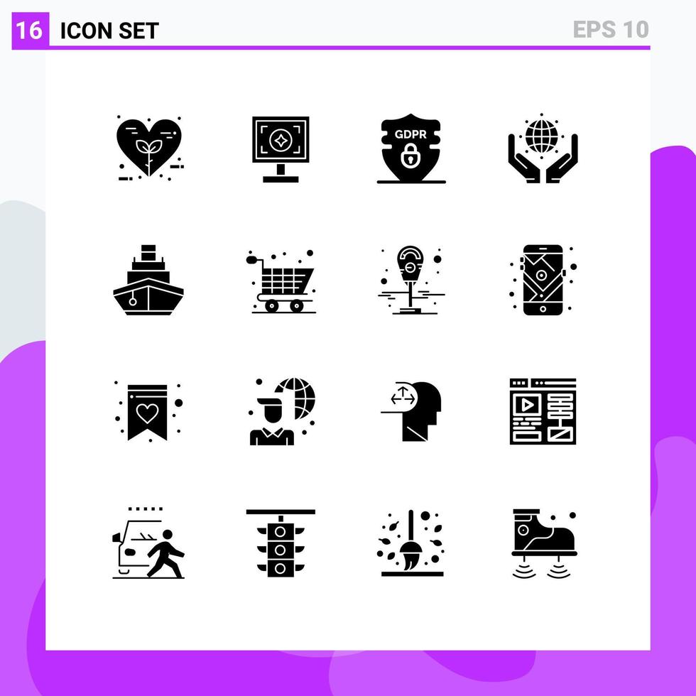Set of 16 Commercial Solid Glyphs pack for cruise save the world print protect security Editable Vector Design Elements