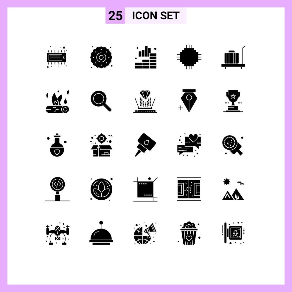 Pictogram Set of 25 Simple Solid Glyphs of baggage electronic analytics electric chip Editable Vector Design Elements