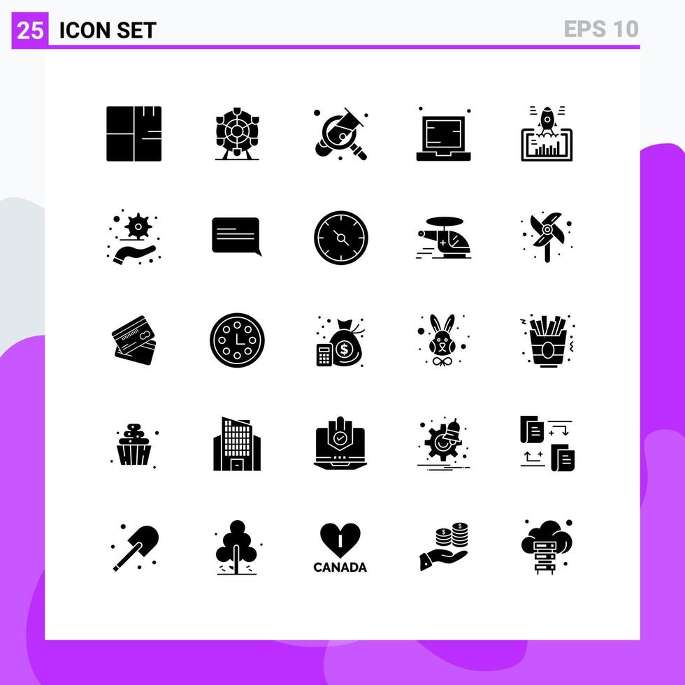 Group of 25 Solid Glyphs Signs and Symbols for launch laptop business electronic computer Editable Vector Design Elements