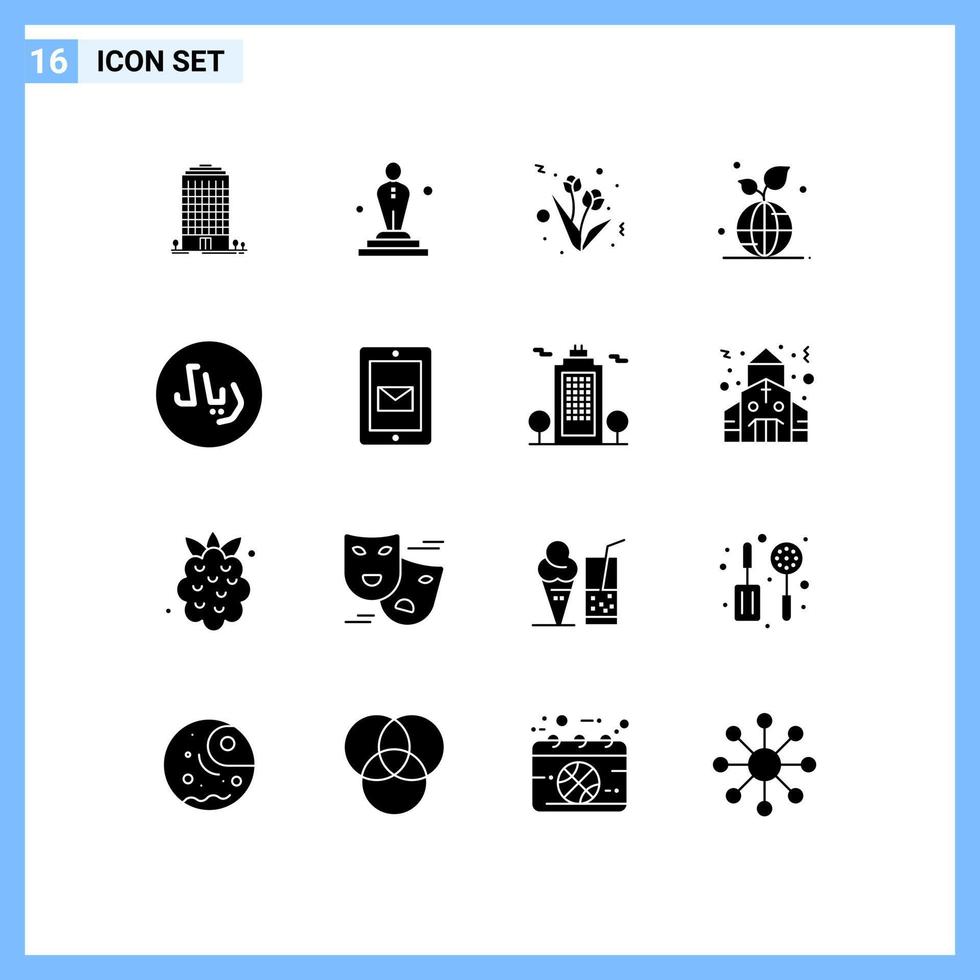 Universal Icon Symbols Group of 16 Modern Solid Glyphs of cash world flower save green Editable Vector Design Elements