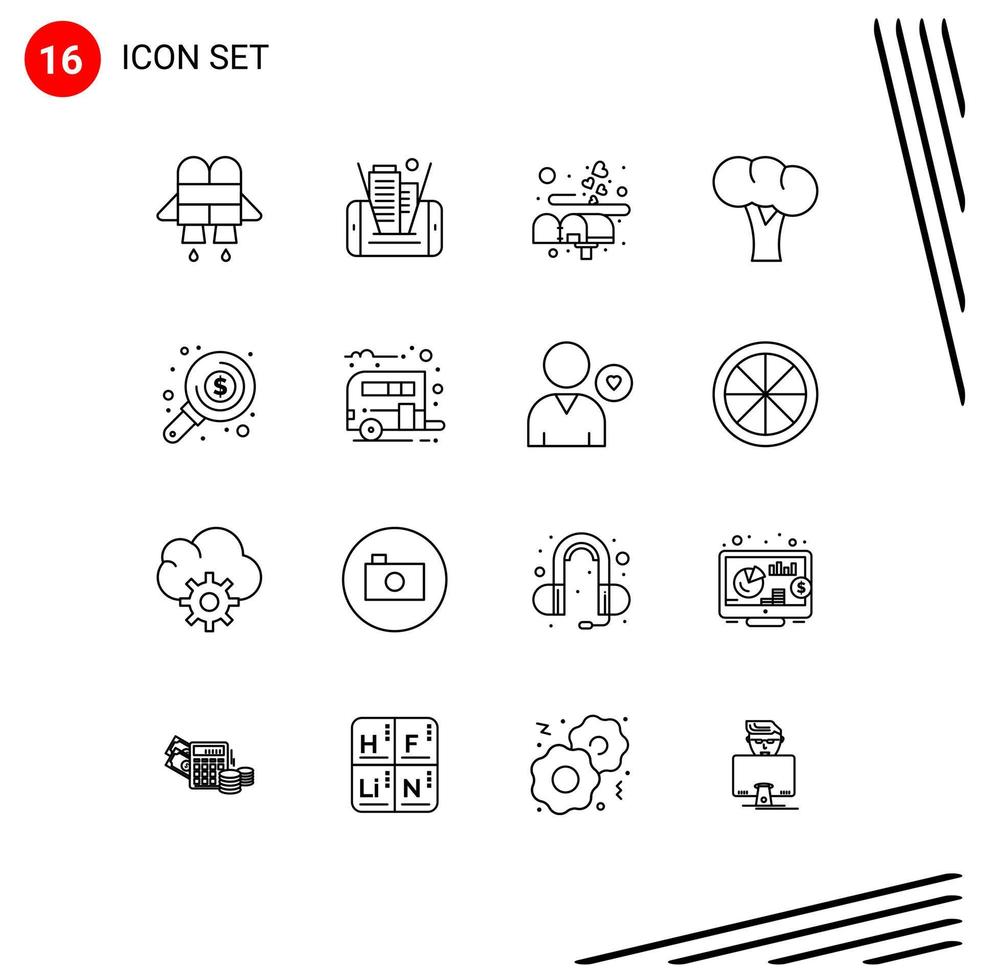 Pack of 16 Modern Outlines Signs and Symbols for Web Print Media such as investment money love find organic Editable Vector Design Elements