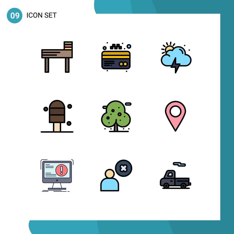 grupo de 9 signos y símbolos de colores planos de línea rellena para elementos de diseño vectorial editables de palma de árbol solar de ubicación de pin vector