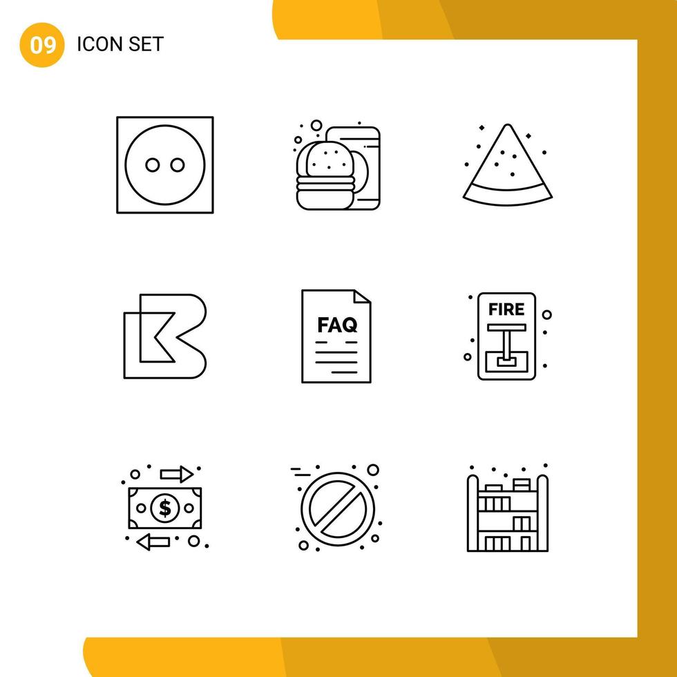 User Interface Pack of 9 Basic Outlines of file contact fruit crypto currency coin Editable Vector Design Elements