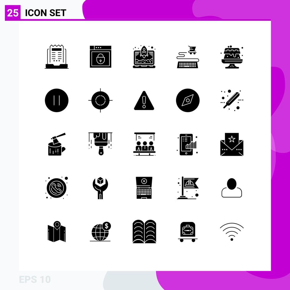 Editable Vector Line Pack of 25 Simple Solid Glyphs of cake food web security shopping ecommerce Editable Vector Design Elements