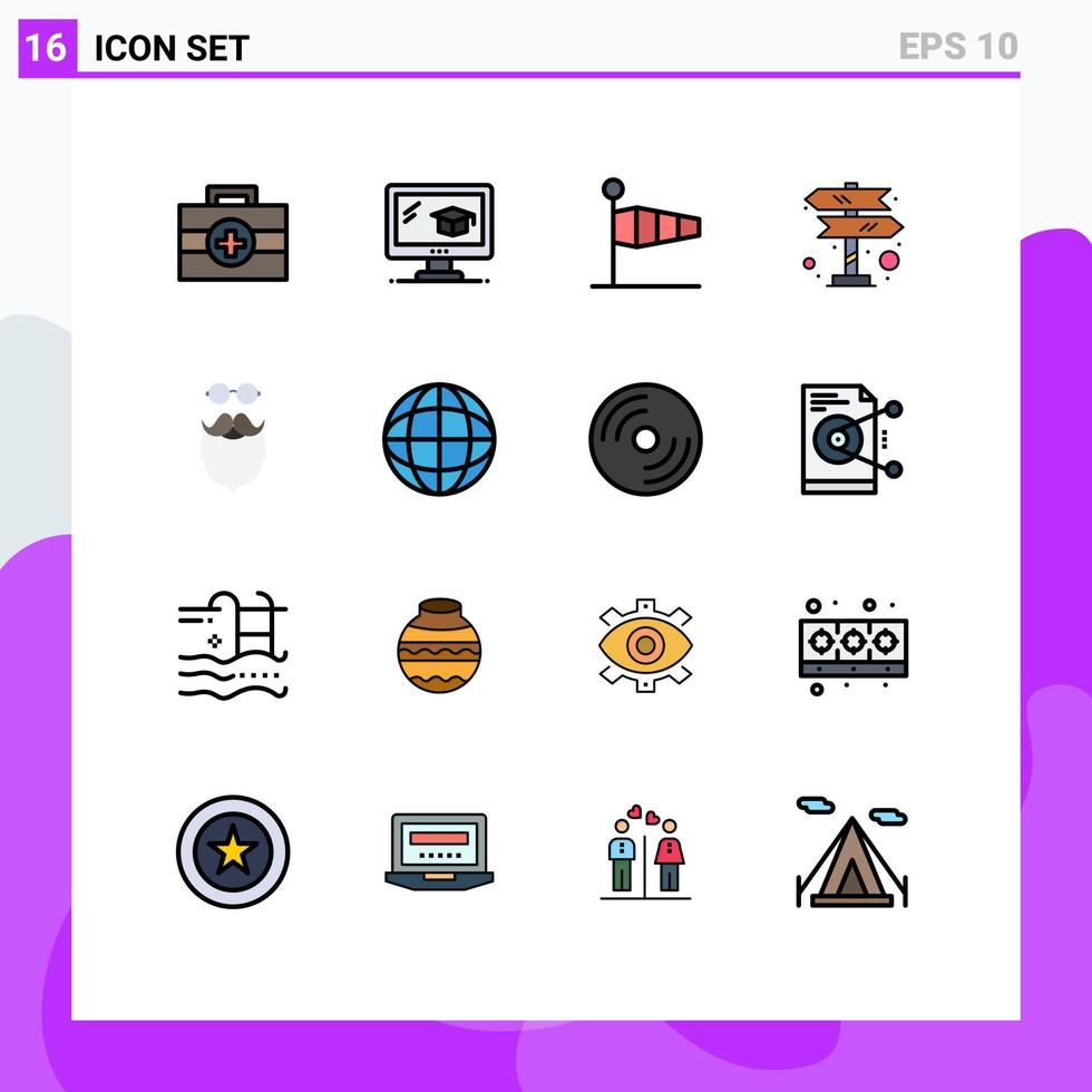 Universal Icon Symbols Group of 16 Modern Flat Color Filled Lines of movember moustache flag navigation road trip Editable Creative Vector Design Elements