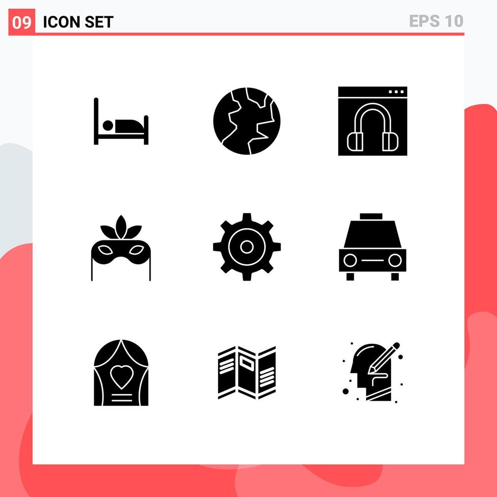 User Interface Pack of 9 Basic Solid Glyphs of sedans setting contact us multimedia mask Editable Vector Design Elements