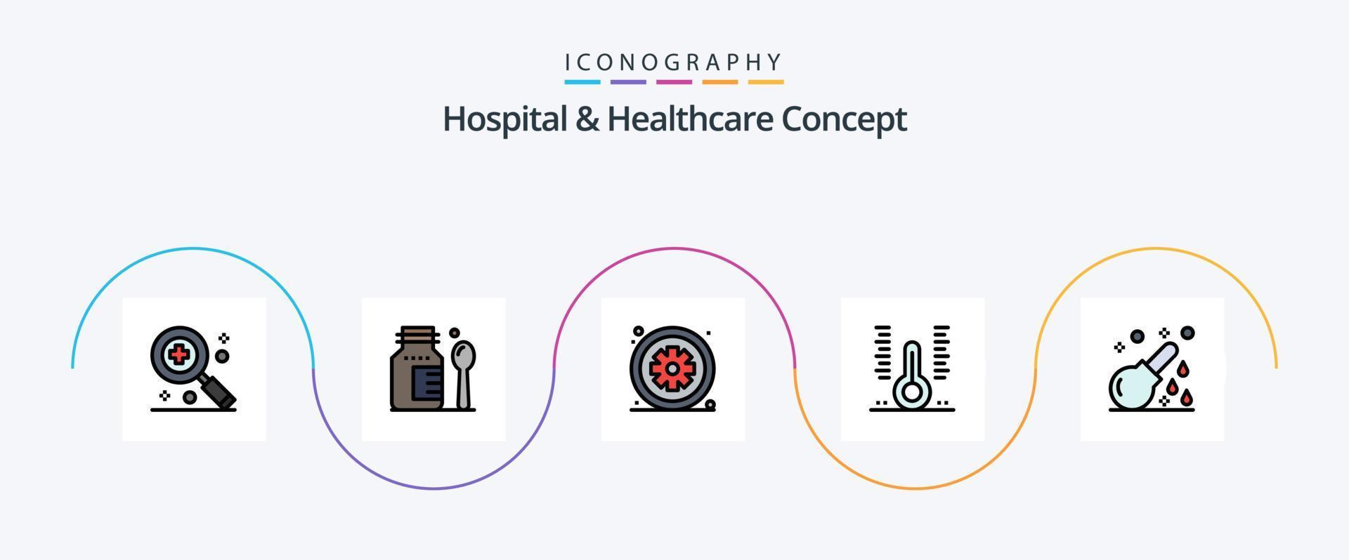 la línea de concepto de hospital y atención médica llenó un paquete de iconos planos 5 que incluye servicios médicos. cuidado de la salud. salud. salud. termómetro vector