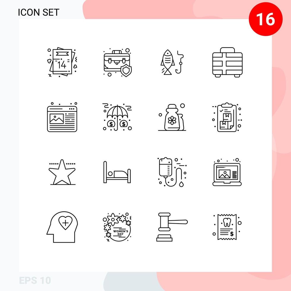 16 Universal Outlines Set for Web and Mobile Applications travel holiday insurance beach hook Editable Vector Design Elements