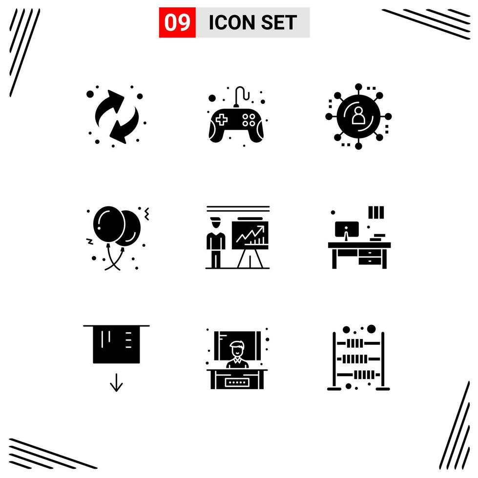 User Interface Pack of 9 Basic Solid Glyphs of presentation business internet advertising birthday party Editable Vector Design Elements