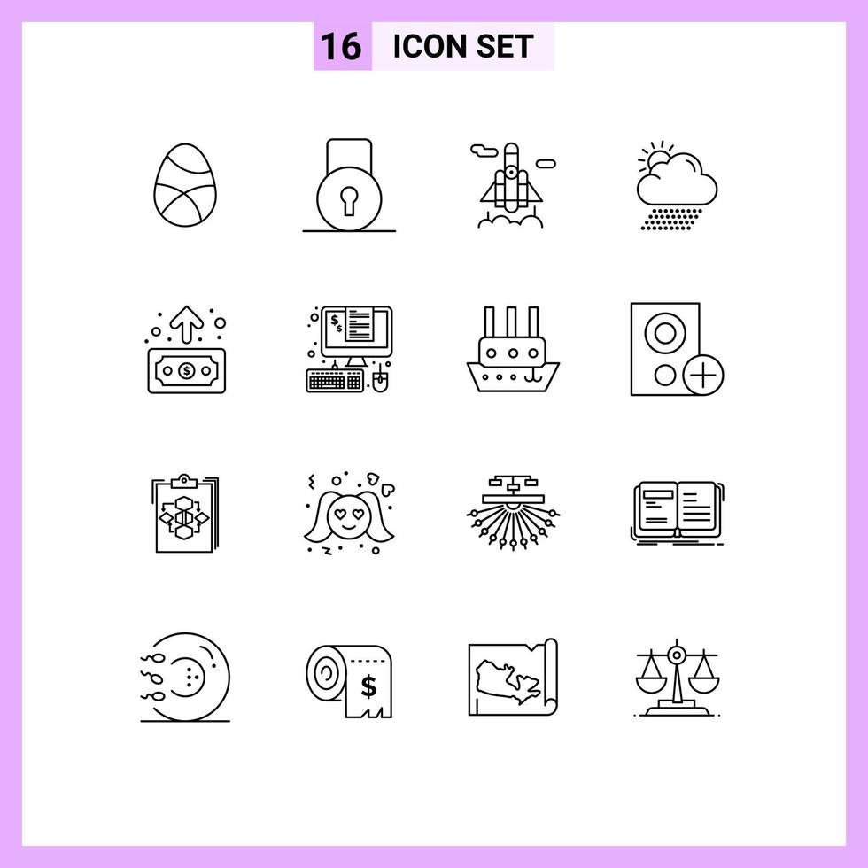 Mobile Interface Outline Set of 16 Pictograms of economy sun security weather cloud Editable Vector Design Elements