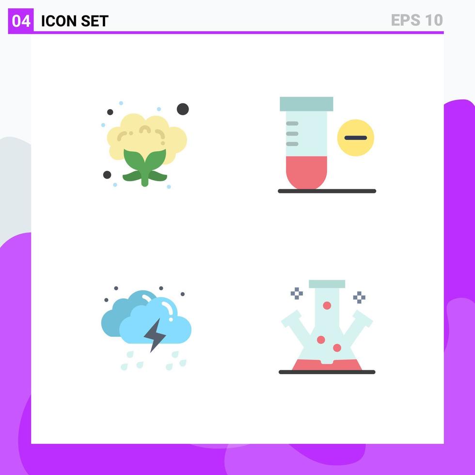 Pack of 4 creative Flat Icons of cauliflower weather minus cloud chemistry Editable Vector Design Elements