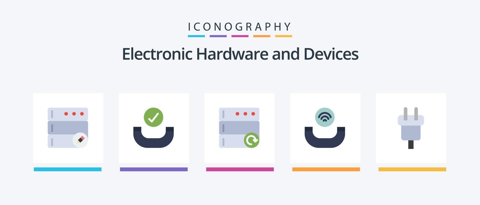 paquete de iconos flat 5 de dispositivos que incluye . eléctrico. servidor. cable. cargar. diseño de iconos creativos vector