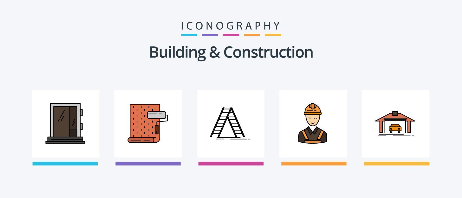 la línea de construcción y construcción llenó el paquete de 5 íconos, incluido el edificio. transportación. reparar. transporte. Envío. diseño de iconos creativos vector