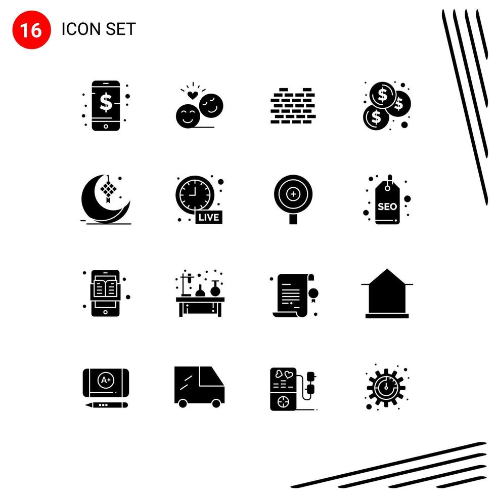 Mobile Interface Solid Glyph Set of 16 Pictograms of cresent investment valentine coins security Editable Vector Design Elements