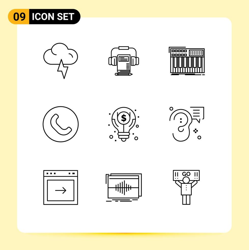 Pack of 9 Modern Outlines Signs and Symbols for Web Print Media such as money business keyboard phone call Editable Vector Design Elements